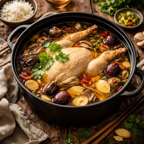 Yunnan pot kippensoep op rustieke houten tafel