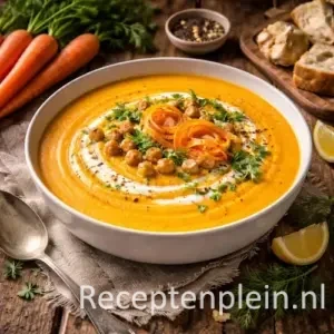 Brede kom zijdezachte wortelcrèmesoep met een swirl van room, geroosterde kikkererwten en linten van wortel, gegarneerd met verse kruiden, op een rustieke houten tafel met hele wortelen, brood, knoflook, citroenpartjes en linnen servet in warm natuurlijk licht.