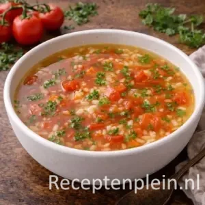 Een bord met een spiegelgladde bouillon tijdens het Heldere tomatensoep maken, gegarneerd met verse kervel en tomatenblokjes.