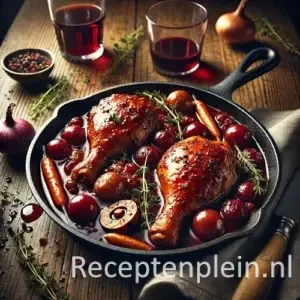 Kip in rode wijn op rustieke houten tafel
