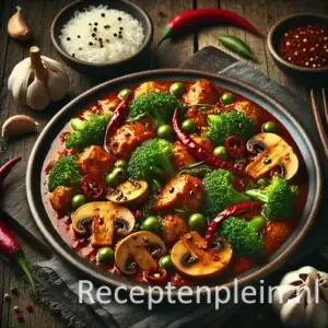 Natuurgetrouwe foodfoto van Ajam paniki met champignons en broccoli in een donkere aardewerken kom op een rustieke houten tafel. Stukken kip liggen in een kruidige rood-oranje kokossaus met zichtbare chilivlokken, broccoli roosjes en gehalveerde champignons. De saus heeft een lichte olielaag en een huiselijke uitstraling. Op de achtergrond staan een schaaltje witte rijst, verse rode pepers en knoflooktenen, gefotografeerd in warm, sfeervol avondlicht met zachte schaduwen en een authentieke keukenambiance.