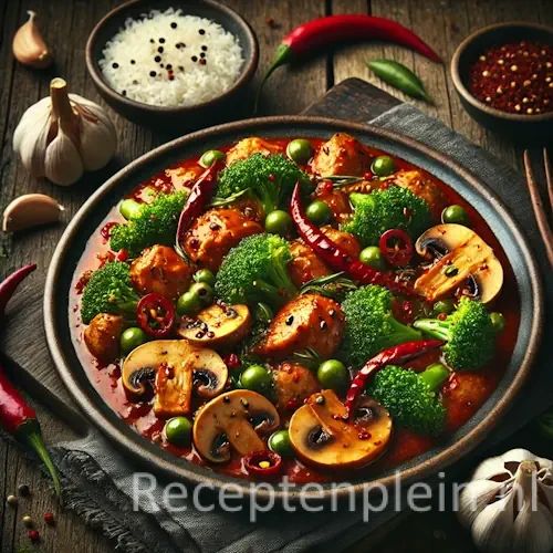 Natuurgetrouwe foodfoto van Ajam paniki met champignons en broccoli in een donkere aardewerken kom op een rustieke houten tafel. Stukken kip liggen in een kruidige rood-oranje kokossaus met zichtbare chilivlokken, broccoli roosjes en gehalveerde champignons. De saus heeft een lichte olielaag en een huiselijke uitstraling. Op de achtergrond staan een schaaltje witte rijst, verse rode pepers en knoflooktenen, gefotografeerd in warm, sfeervol avondlicht met zachte schaduwen en een authentieke keukenambiance.