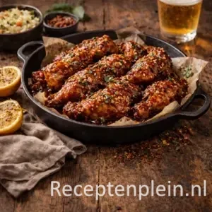 Hyperrealistische foodfoto van BBQ kipvleugels met dikke glanzende barbecuesaus in een zwarte gietijzeren pan op een rustieke houten tafel, gegarneerd met peterselie en sesamzaad, met gegrilde citroen, coleslaw en dipsaus in warm natuurlijk namiddaglicht.