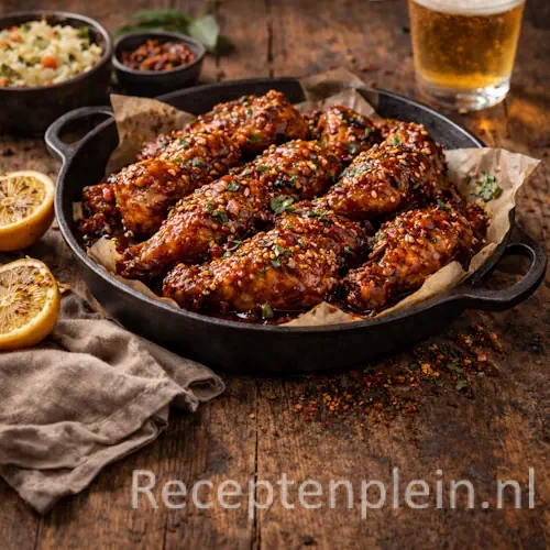 Hyperrealistische foodfoto van BBQ kipvleugels met dikke glanzende barbecuesaus in een zwarte gietijzeren pan op een rustieke houten tafel, gegarneerd met peterselie en sesamzaad, met gegrilde citroen, coleslaw en dipsaus in warm natuurlijk namiddaglicht.