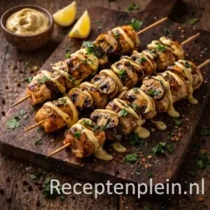 Hyperrealistische foodfoto van gegrilde kipspiesjes met champignons en romige mosterdmayonaise op een rustieke houten plank op een houten tafel in warm natuurlijk licht, met citroenpartjes en verse peterselie.
