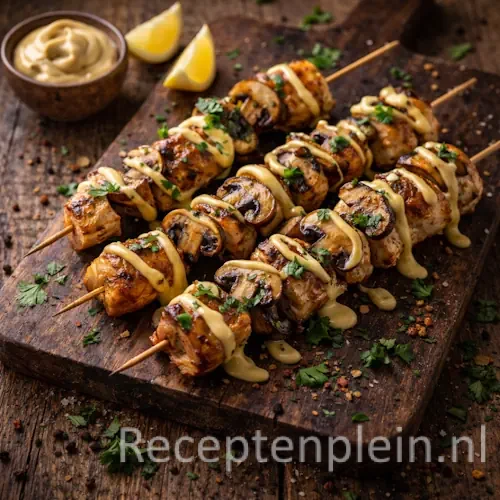 Hyperrealistische foodfoto van gegrilde kipspiesjes met champignons en romige mosterdmayonaise op een rustieke houten plank op een houten tafel in warm natuurlijk licht, met citroenpartjes en verse peterselie.