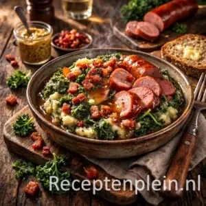 Hyper-realistische foodfoto van slowcooker boerenkoolstamppot met romige aardappelpuree en boerenkool, krokante spekjes en plakken rookworst met jus, geserveerd in een rustieke keramieken schaal op een warme houten tafel, omringd door mosterd, brood en bestek in zacht natuurlijk licht.
