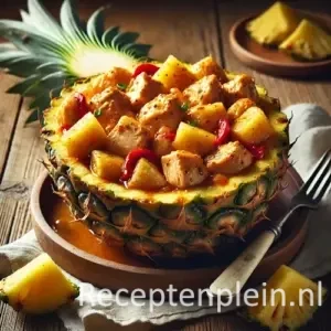 Kip in ananas geserveerd in een uitgeholde ananashelft op een rustieke houten tafel