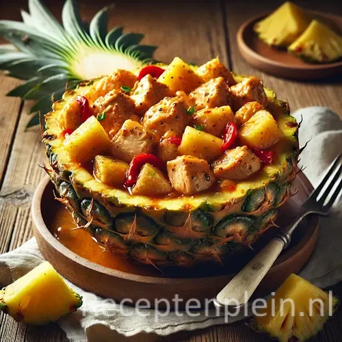 Kip in ananas geserveerd in een uitgeholde ananashelft op een rustieke houten tafel