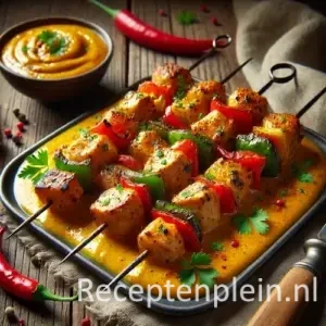 Kip shaslick met pittige kerriesaus op rustieke houten tafel 🍗🌶️
