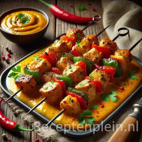 Kip shaslick met pittige kerriesaus op rustieke houten tafel 🍗🌶️