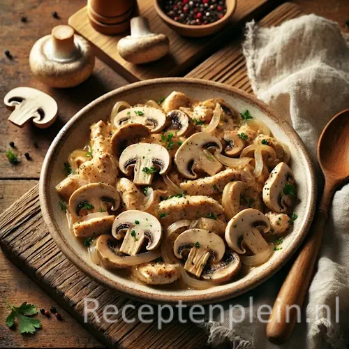 Kipreepjes met champignons op rustieke houten tafel