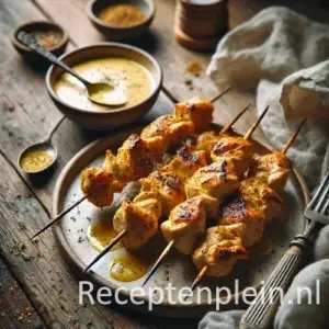 Kipspiesen met kormasaus op rustieke houten tafel
