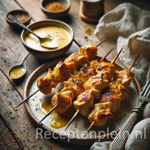 Kipspiesen met kormasaus op rustieke houten tafel
