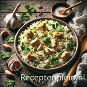 Knoflook-korianderrijst met kip op rustieke houten tafel