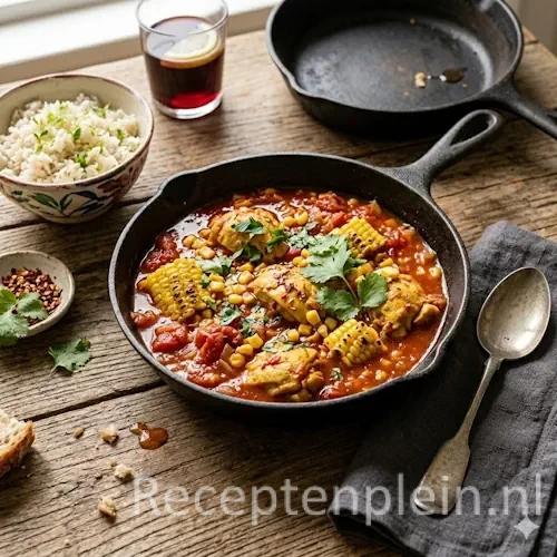 Maïskip in pittige tomatensaus op een rustieke houten tafel