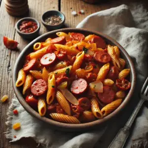 Pasta met kipbraadworst in pittige tomaten-ajvar saus op rustieke houten tafel