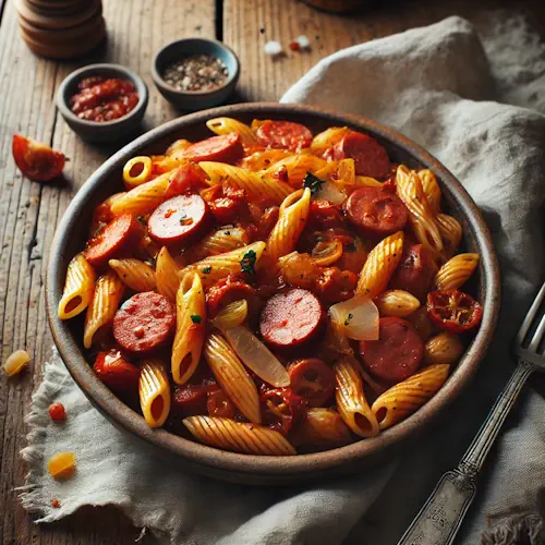 Pasta met kipbraadworst in pittige tomaten-ajvar saus op rustieke houten tafel