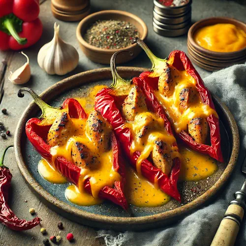 Pointed peppers stuffed with chicken shawarma and cheddar on a rustic wooden table