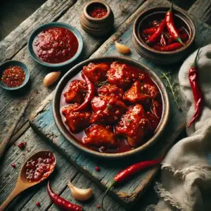 Sambalkip uit de slowcooker op een rustieke houten tafel
