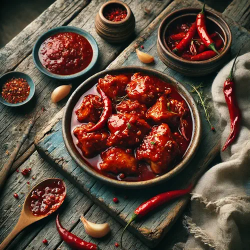 Sambalkip uit de slowcooker op een rustieke houten tafel