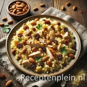 Hyperrealistische foodfoto van luchtige couscous gemengd met malse stukjes kip, gouden rozijnen en geroosterde amandelen, geserveerd op een rustiek keramisch bord op een houten tafel. De kruiden zijn losjes over het gerecht gestrooid voor een natuurlijke uitstraling. Op de achtergrond liggen een linnen servet, een houten schaaltje met amandelen en enkele verspreide couscouskorrels en rozijnen in warm, zacht daglicht met subtiele ongelijkmatige schaduwen.