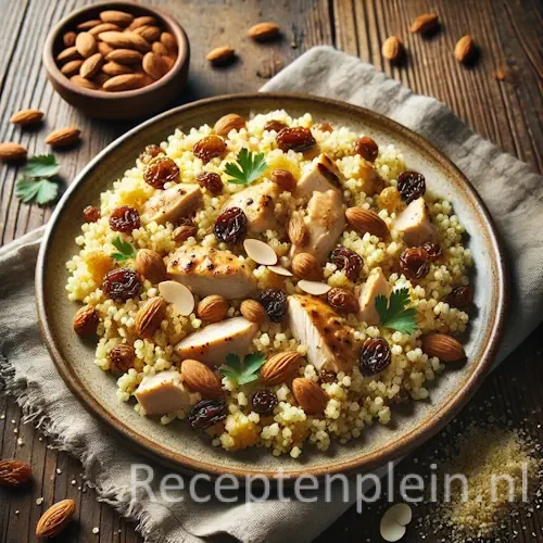 Hyperrealistische foodfoto van luchtige couscous gemengd met malse stukjes kip, gouden rozijnen en geroosterde amandelen, geserveerd op een rustiek keramisch bord op een houten tafel. De kruiden zijn losjes over het gerecht gestrooid voor een natuurlijke uitstraling. Op de achtergrond liggen een linnen servet, een houten schaaltje met amandelen en enkele verspreide couscouskorrels en rozijnen in warm, zacht daglicht met subtiele ongelijkmatige schaduwen.