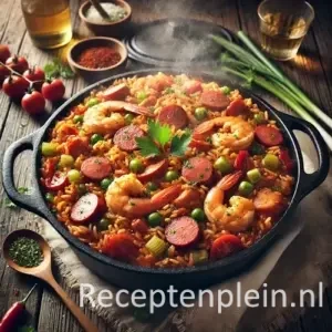Hyperrealistische foodfoto van een Creoolse rijstpot geserveerd in een zwarte gietijzeren pan op een rustieke houten tafel, licht uitgezoomd zodat het tafelblad goed zichtbaar is. De kruidige rood-oranje rijst is gemengd met stukjes kip, plakjes worst, garnalen, paprika, selderij en tomaat, gegarneerd met peterselie en lente-ui. Er stijgt lichte stoom op en rondom staan specerijen, kerstomaatjes, een houten lepel, een glas wijn en een linnen doek in warm natuurlijk licht met een levendige Caribische sfeer en premium foodmagazine uitstraling.
