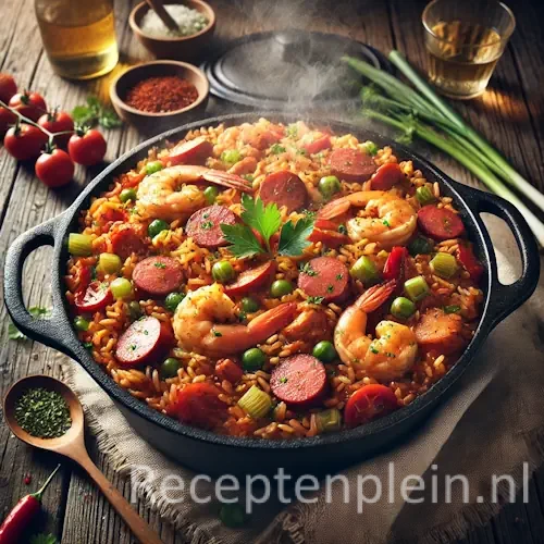 Hyperrealistische foodfoto van een Creoolse rijstpot geserveerd in een zwarte gietijzeren pan op een rustieke houten tafel, licht uitgezoomd zodat het tafelblad goed zichtbaar is. De kruidige rood-oranje rijst is gemengd met stukjes kip, plakjes worst, garnalen, paprika, selderij en tomaat, gegarneerd met peterselie en lente-ui. Er stijgt lichte stoom op en rondom staan specerijen, kerstomaatjes, een houten lepel, een glas wijn en een linnen doek in warm natuurlijk licht met een levendige Caribische sfeer en premium foodmagazine uitstraling.