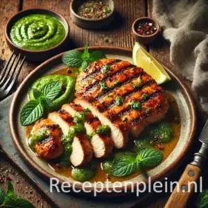 Gekruide kipfilet met muntsaus op rustieke houten tafel.
