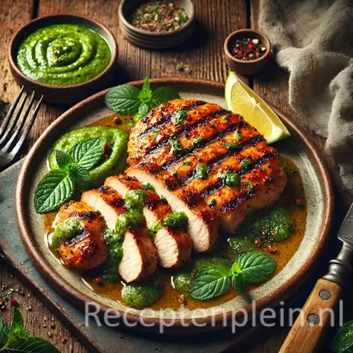 Gekruide kipfilet met muntsaus op rustieke houten tafel.