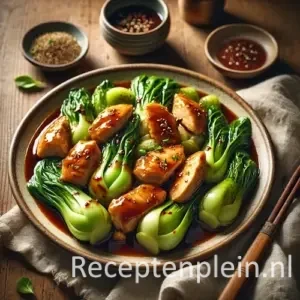 Gestoomde Shanghai Paksoi met Kip in Oestersaus op rustieke houten tafel