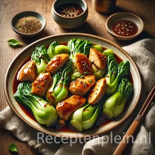 Gestoomde Shanghai Paksoi met Kip in Oestersaus op rustieke houten tafel
