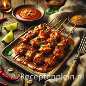 Kip in pittige satésaus op rustieke houten tafel
