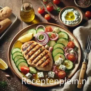 Kipfilet op Griekse wijze op rustieke houten tafel
