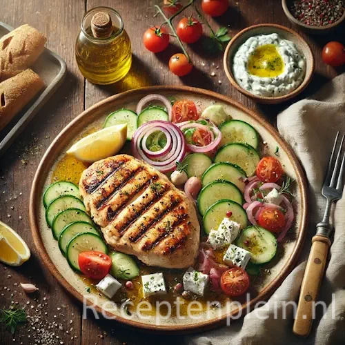 Kipfilet op Griekse wijze op rustieke houten tafel