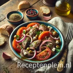 Kippenlevertjes Santorini on rustic wooden table