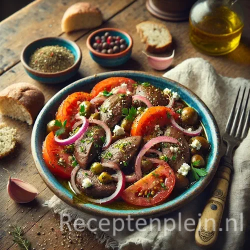 Kippenlevertjes Santorini on rustic wooden table