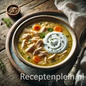 Kippensoep met yoghurt op rustieke houten tafel