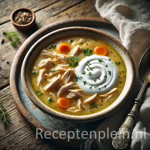 Kippensoep met yoghurt op rustieke houten tafel
