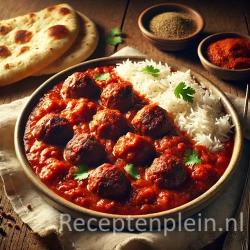 Kofta wa chalow Afghaans gerecht met gehaktballetjes en rijst op een rustieke houten tafel