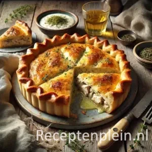 Griekse kiptaart op een rustieke houten tafel