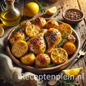 Griekse citroenkip met aardappeltjes op een rustieke houten tafel