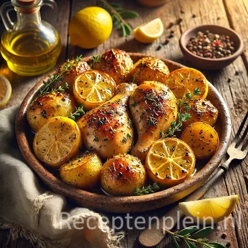 Griekse citroenkip met aardappeltjes op een rustieke houten tafel