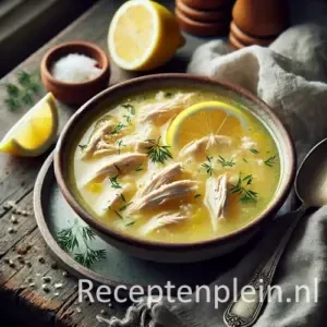 Kotosoupa avgolemono op rustieke houten tafel