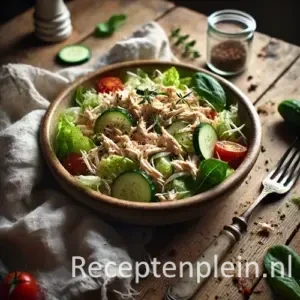 Lauwwarme kipsalade op rustieke houten tafel