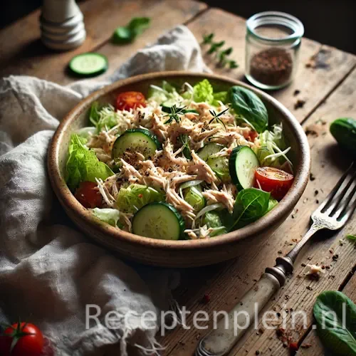 Lauwwarme kipsalade op rustieke houten tafel