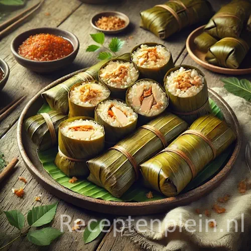 Lemper met kipvulling op een rustieke houten tafel