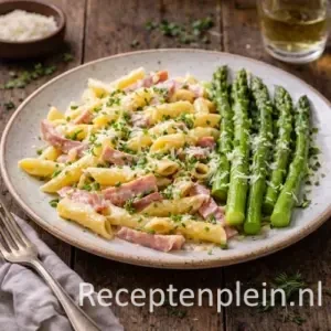 Penne rigate met achterham en asperges op rustieke houten tafel