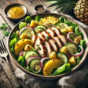 Salade met gerookte kip en ananas op een rustieke houten tafel